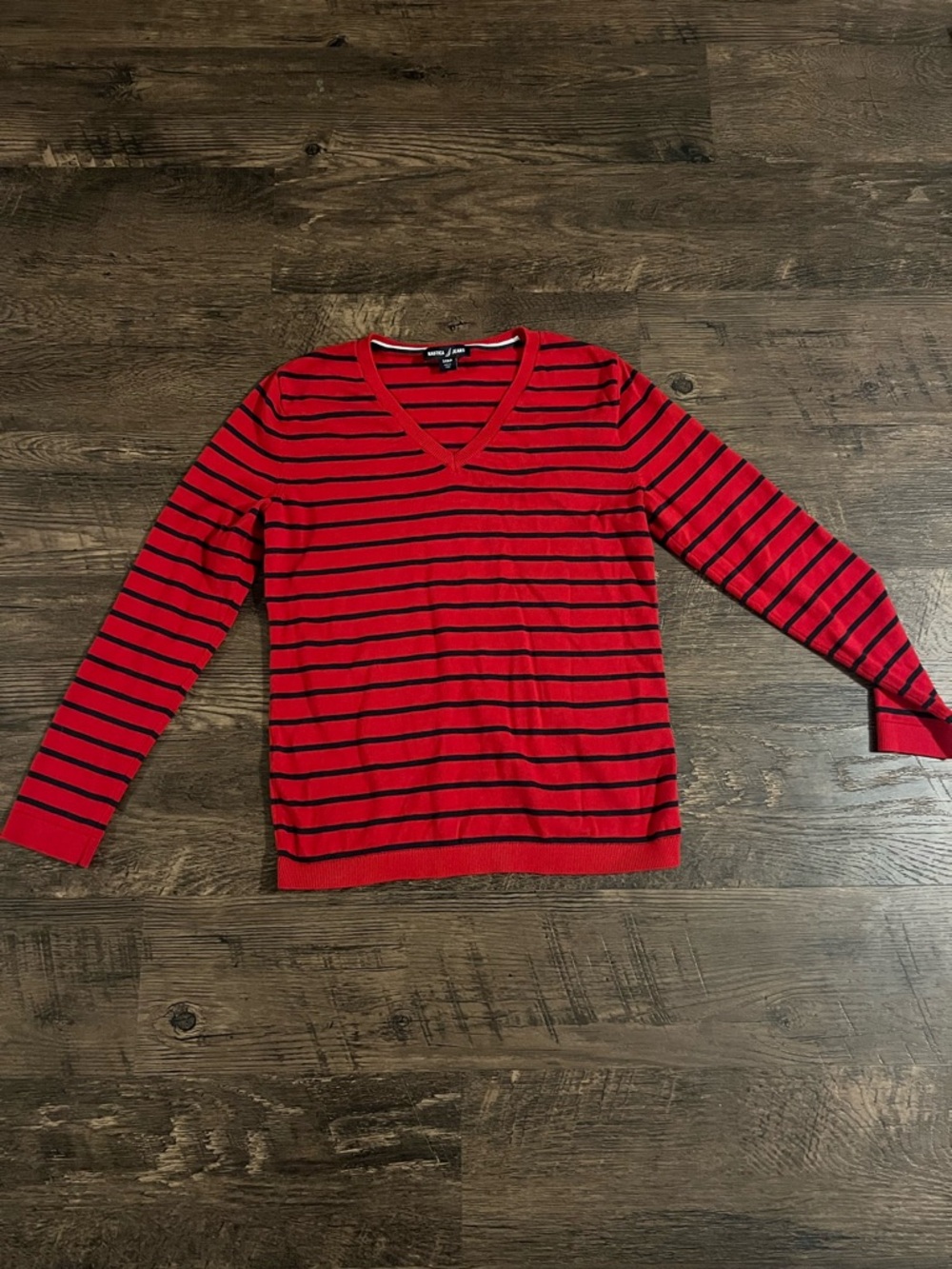 Red and Black Striped V-Neck Sweater Women’s Nautica jeans size small long